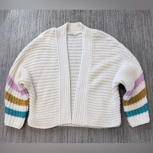 BB Dakota Cream Chunky Open-Front Cardigan with Teal, Mustard & Lavender Stripes